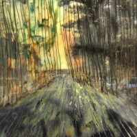 photographic transparency, thread, oil pastel, encaustic, glass