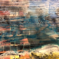 photographic transparency, thread, oil pastel, encaustic, glass